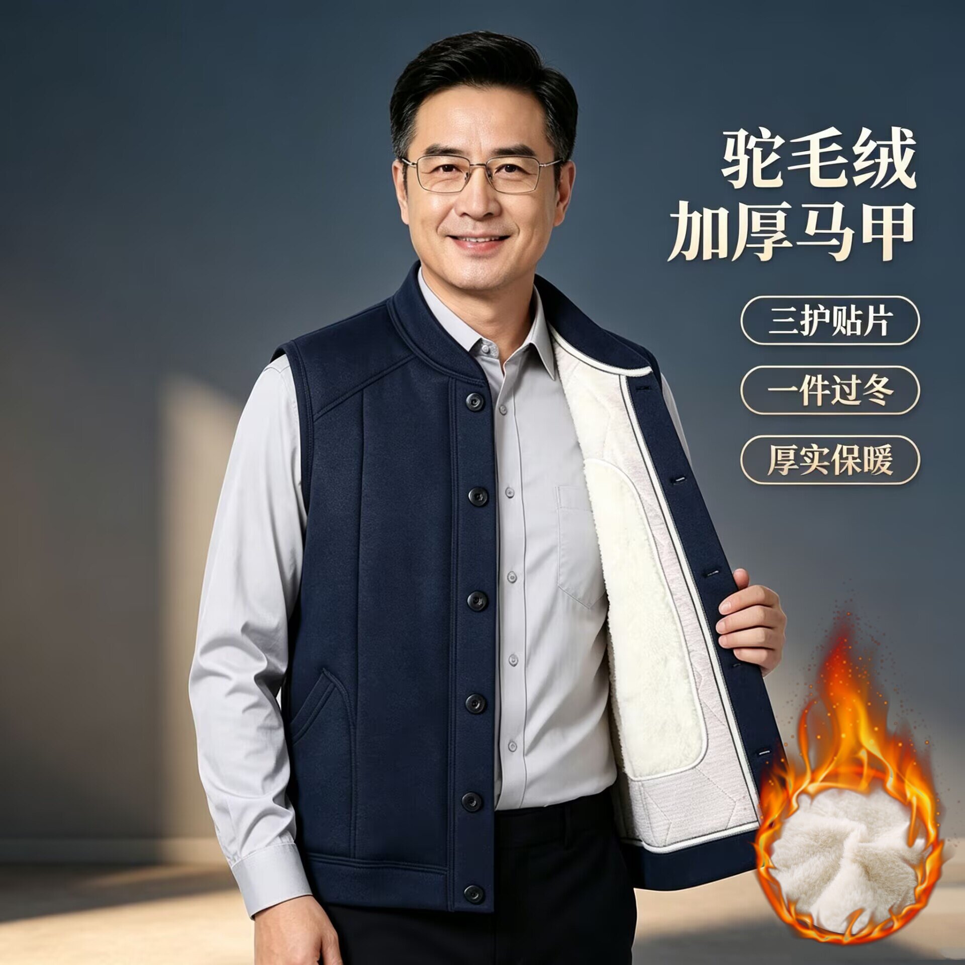 冬季男加绒加厚驼毛绒棉马甲中老年爸爸爷爷坎肩保暖内穿外搭马夹