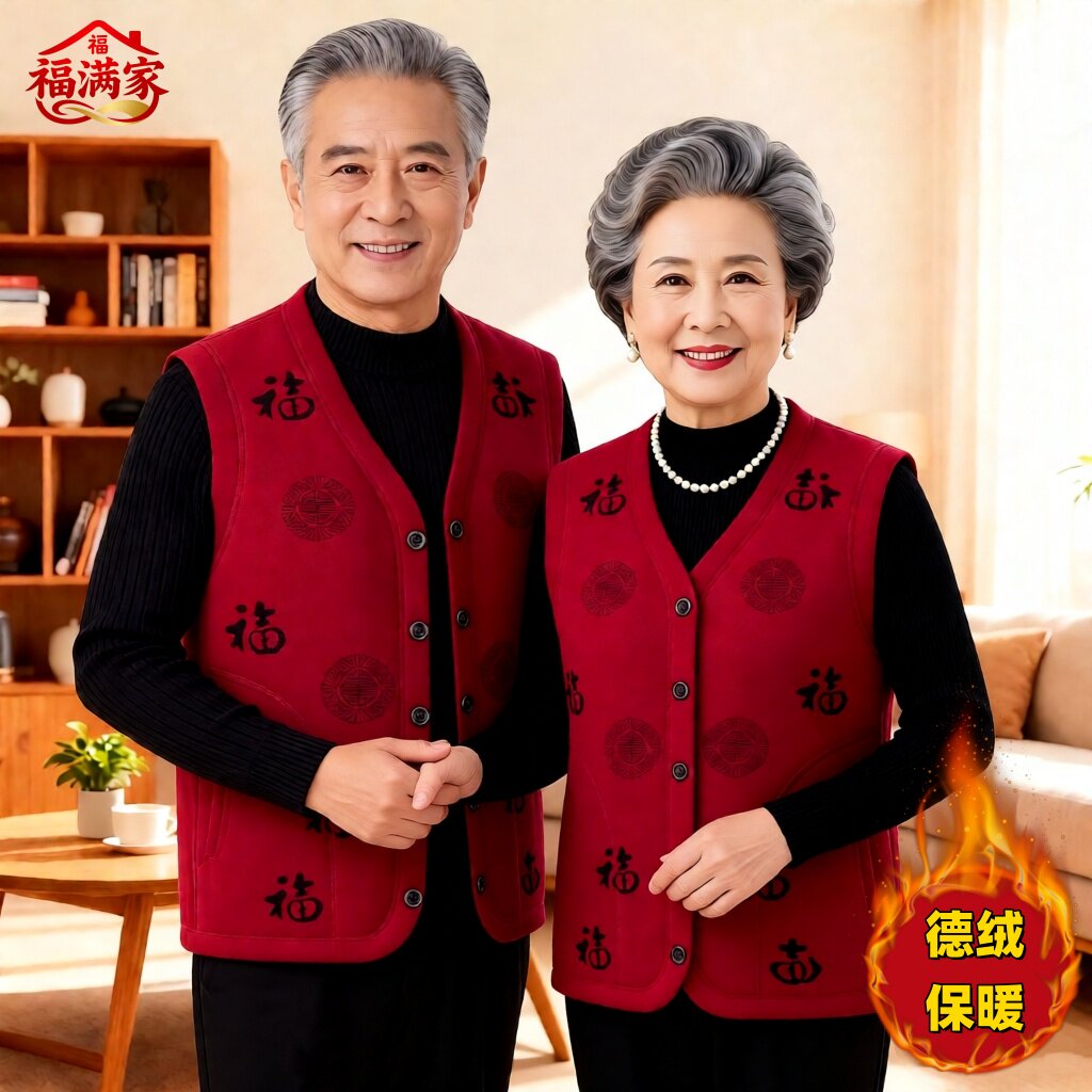 中老年V领加绒保暖红色马甲