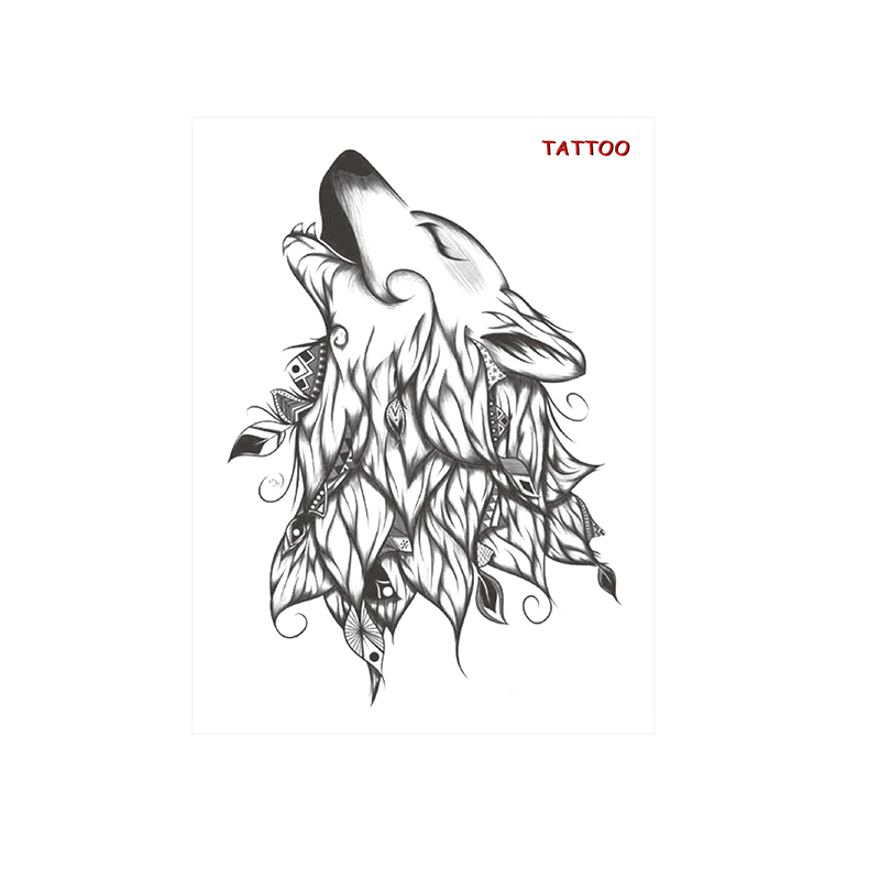 手绘狼头小花臂纹身贴逼真防水男女持久图腾仿真刺青贴纸