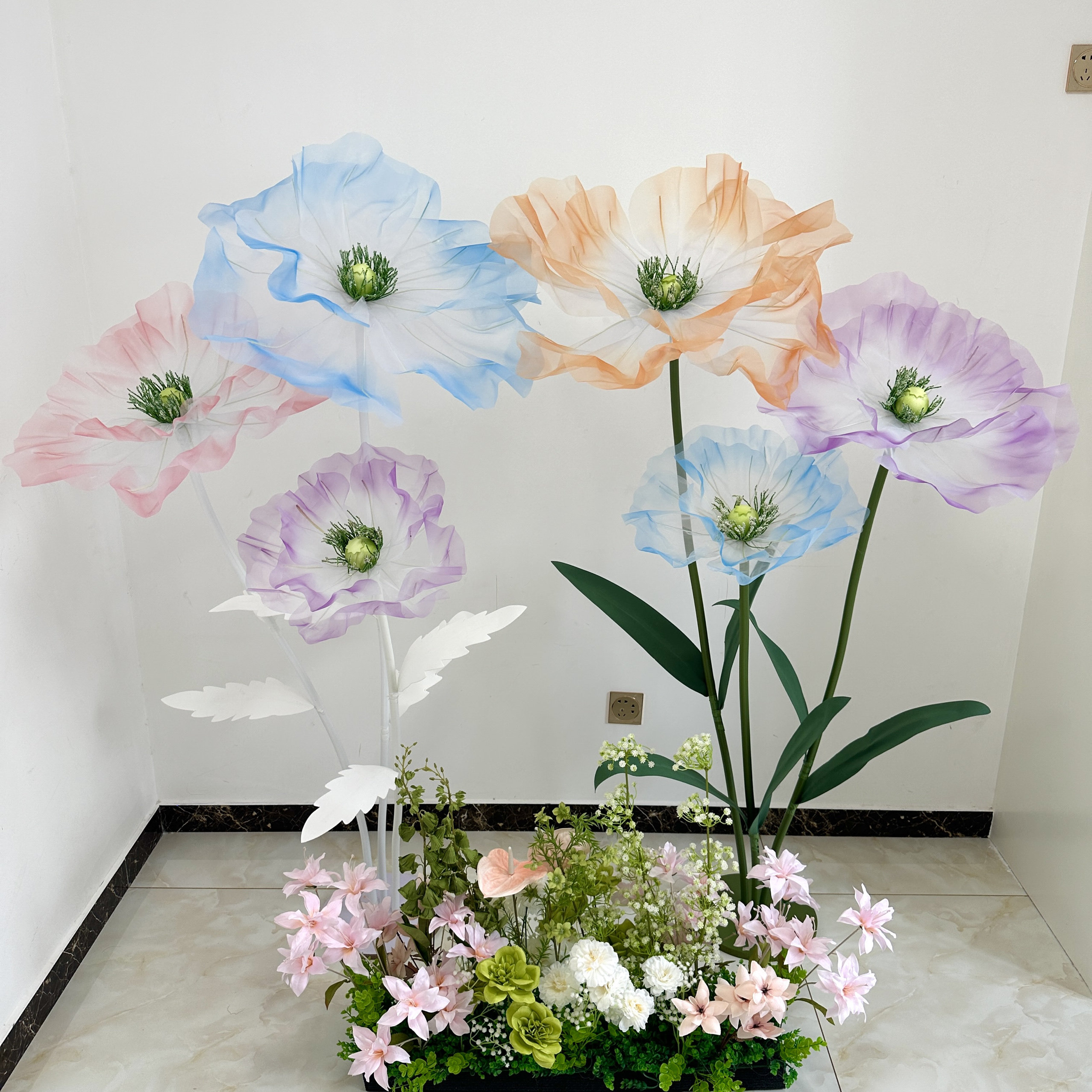 虞美人真丝仿真花丝网花橱窗装饰美陈婚礼背景墙布置纱花摆件落地