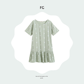 梵高七月夏季 棉缇花圆领森女日系绿色兔子宽松荷叶边连衣裙