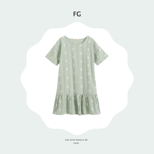 梵高七月夏季 棉缇花圆领森女日系绿色兔子宽松荷叶边连衣裙