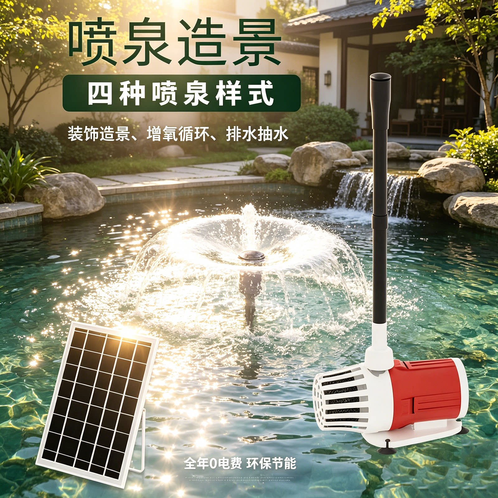 太阳能流水增氧水泵喷泉两用套装小型蘑菇喷泉户外庭院鱼池抽水