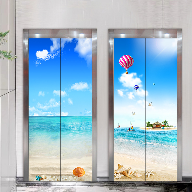 创意海景沙滩海滩贝壳椰树海边木桥风景电梯门装饰画自粘防水贴画图片
