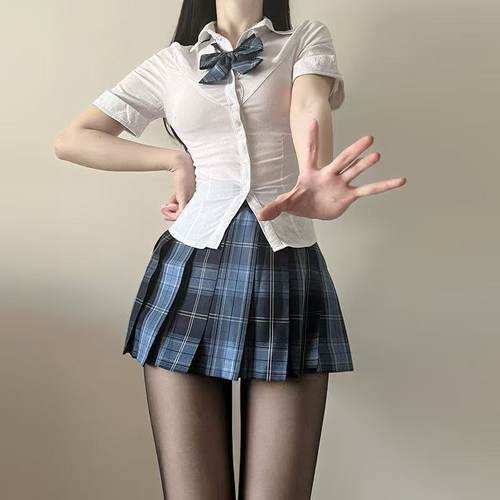 原创正版jk衬衫女学生纯欲风收腰衬衣冈梨田格裙子两件套制服套装