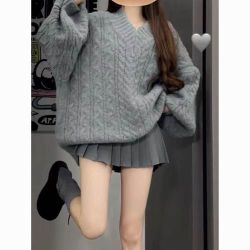 秋冬宽松套头针织衫上衣