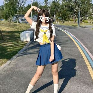 学院风日系原创jk制服白领蓝三本基础短袖水手服短裙青春活力套装