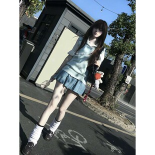 2026松蓝JK制服日系穿搭薄荷针织背心叠穿基础短袖衬衫格裙套装