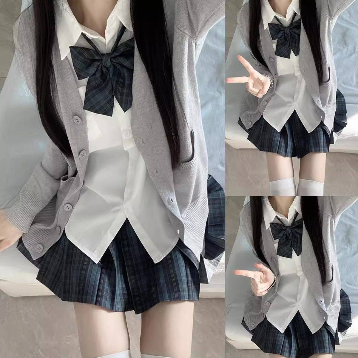 原创JK制服套装裙毛衣开衫外套女秋季日系学院风校供感纯色长袖女