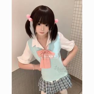 马甲V领纯色百搭上衣女针织衫 学院风夏日系JK叠穿套头毛衣女无袖