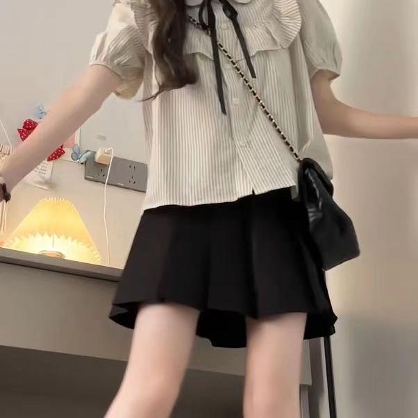 jk制服套装日系学院风荷叶边系带条纹衬衫女学生+松紧高腰半身裙