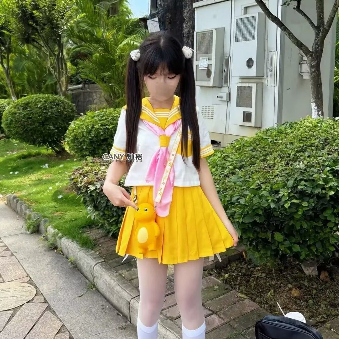 2026黄三本jk制服日系学院短袖上衣校供黄色百褶裙基础软妹套装女