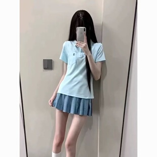 松蓝JK格裙制服新款正肩POLO衫收腰刺绣短袖女夏季学院风校供套装