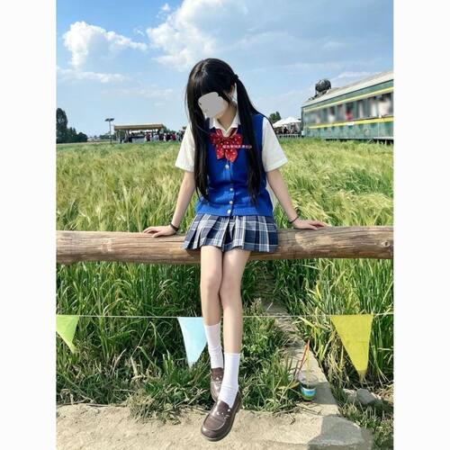 原创学院JK制服宝蓝针织马甲套装