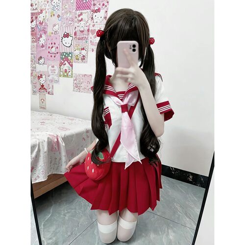 甜美日系JK红三本水手服套装