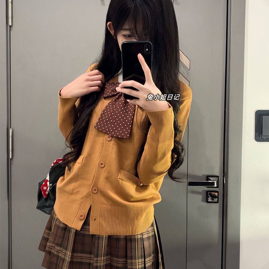 JK制服日系开衫针织外套女毛衣秋冬套装学院风衬衫校供感焦糖格裙