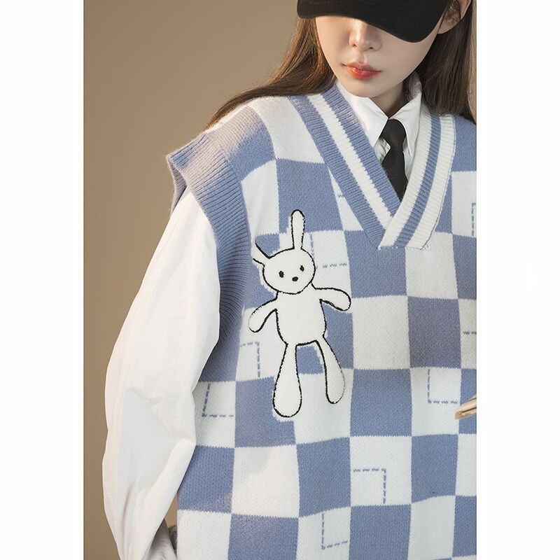 棋盘格马甲女盐系减龄闺蜜V领韩版宽松外穿秋冬时尚针织毛衣背心,女装/女士精品,时尚套装,淘宝优惠券,粉丝福利购,淘宝优惠卷