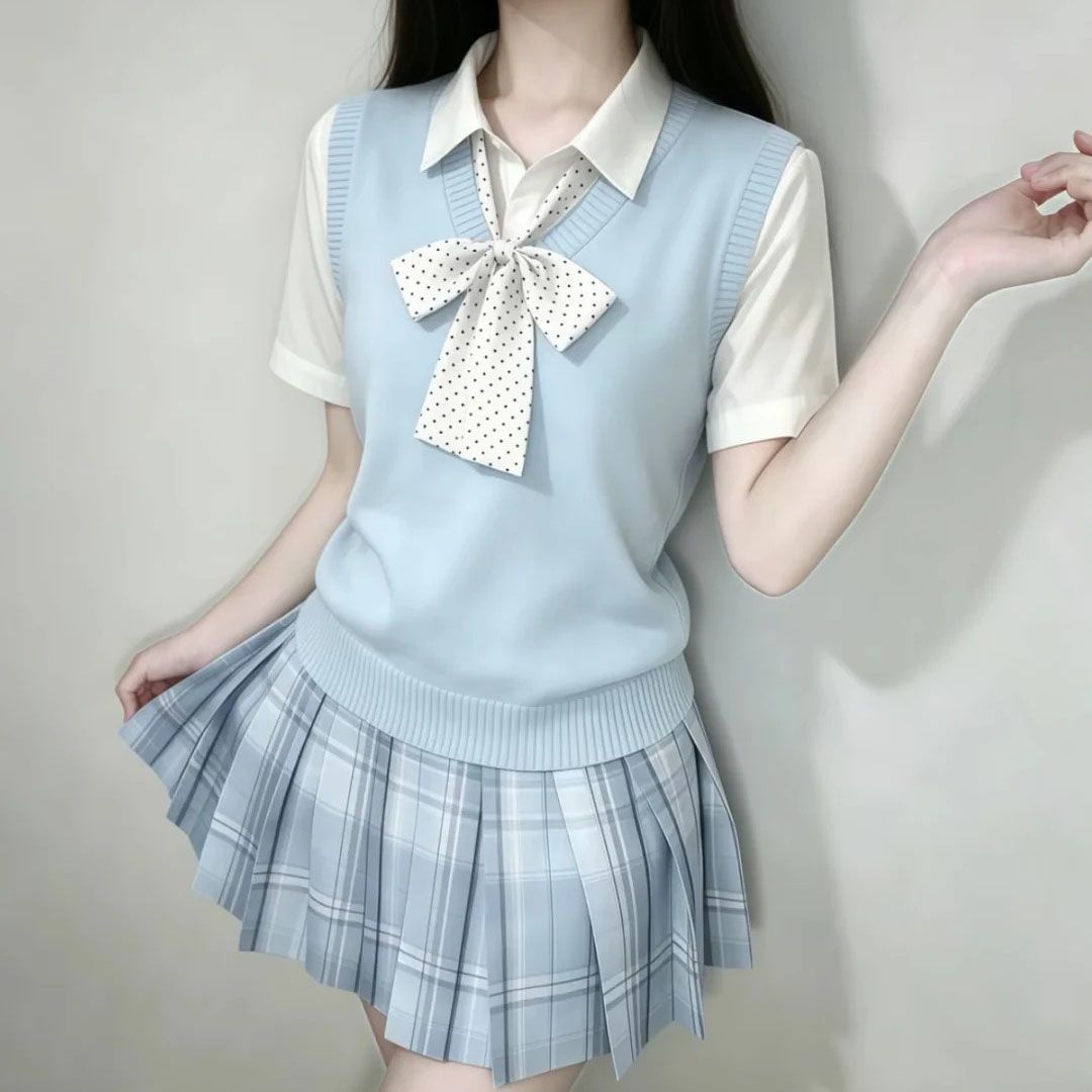 校园风2026天蓝色JK制服三件套日系少女甜美可爱叠穿马甲背心套装