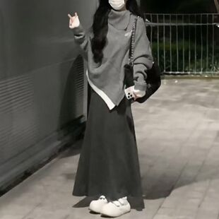 两件套装/韩版复古小个子高领不规则斗篷针织毛衣女+毛呢半身长裙