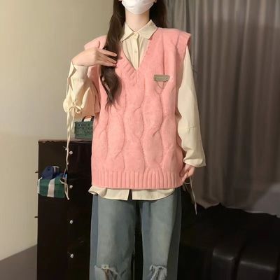 马甲女学生绑带长袖衬衫两件套装