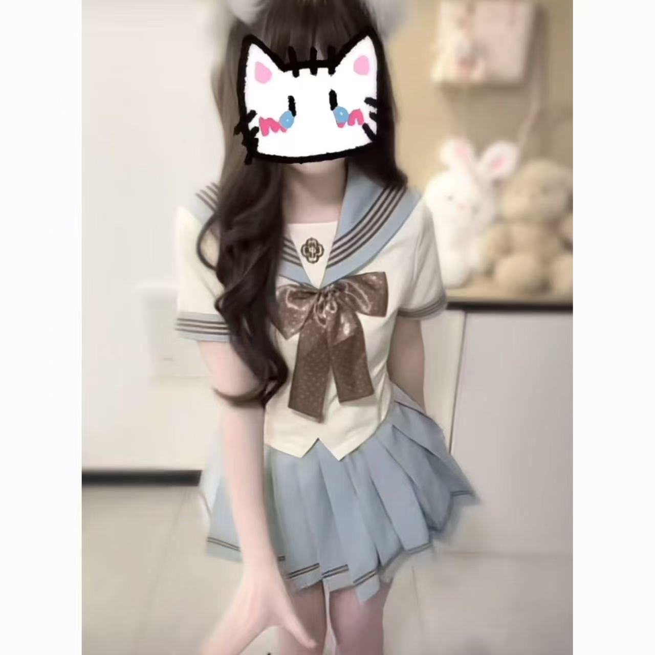 原创jk制服甜美夏季海军蝴蝶结学院衬衫短袖上衣百褶半身短裙套装