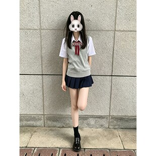 日系JK制服针织衫套头背心马甲叠穿短袖衬衫搭配格裙学院风套装女