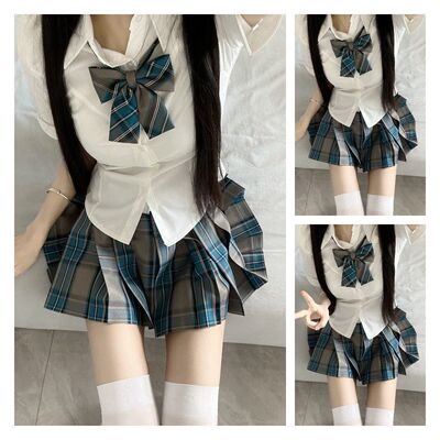 单件/套装辣妹小个子女装修身纯欲衬衫夏季格子百褶半身裙jk裙子