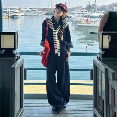 长袖牛仔外套阔腿裤子韩系套装女