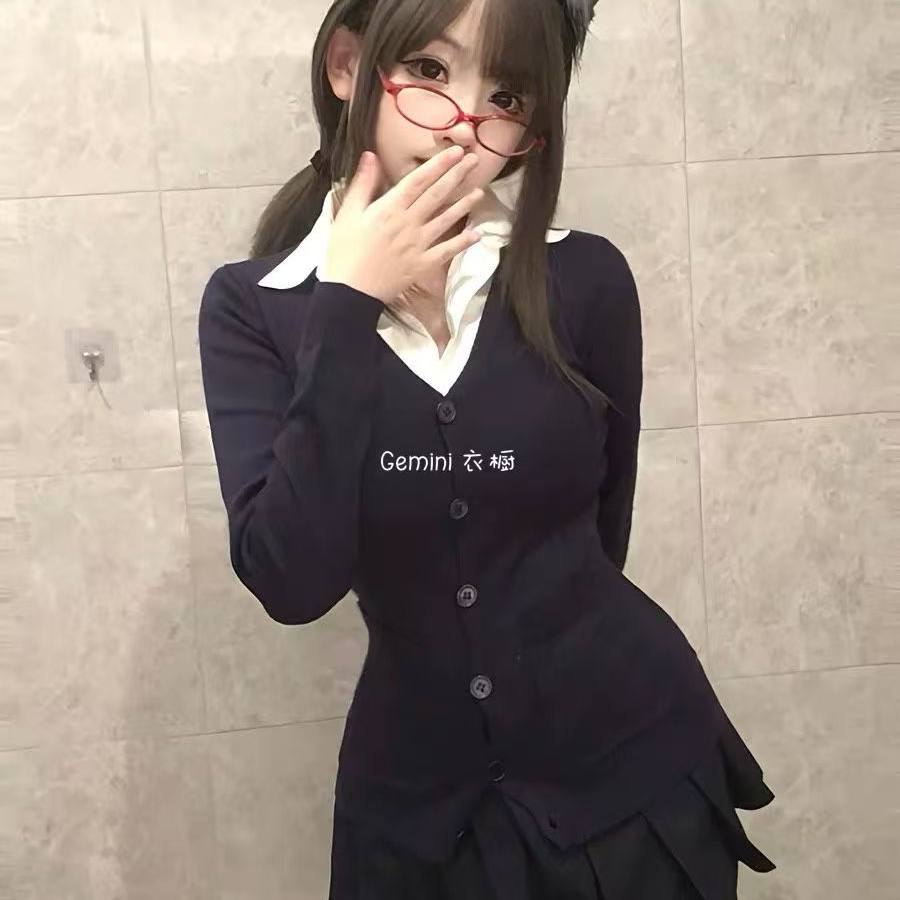 原创jk制服收腰毛衣弹力修身针织衫外套涩谷辣妹套装JK百褶裙短裙