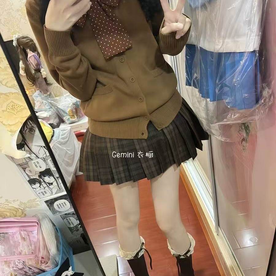 原创日系JK制服秋冬套装小棕格裙长袖针织开衫毛衣学院风校供软妹
