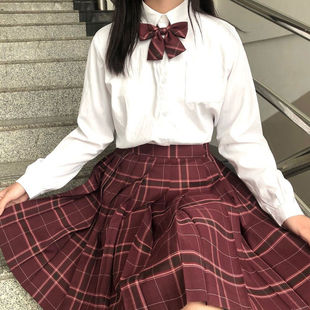 沙华正版原创jk制服裙日系衬衫女长袖学院风酒红色格子百褶裙子潮