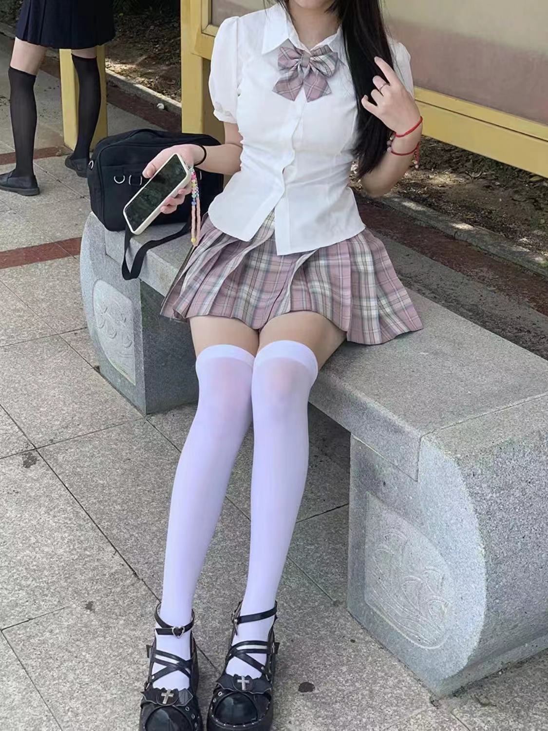 白桃香jk格裙制服泡泡袖收腰衬衫