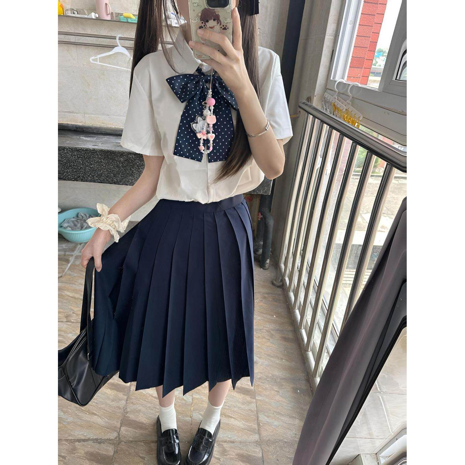 基础款jk制服纯色衬衫套装日制校供绀色百褶裙女夏学院风中裙全套