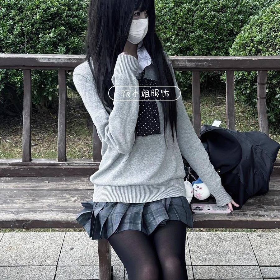 校供感JK制服针织衫V领纯色套头毛衣jk格裙一整套学院风长袖上衣