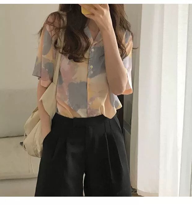 宽松美式复古ins风扎染印花衬衫