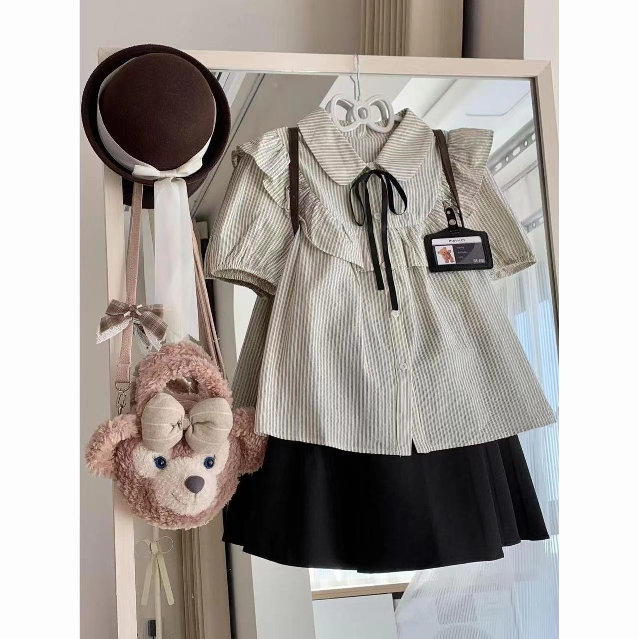 衬衫女学生+高腰遮肉百褶半身裙