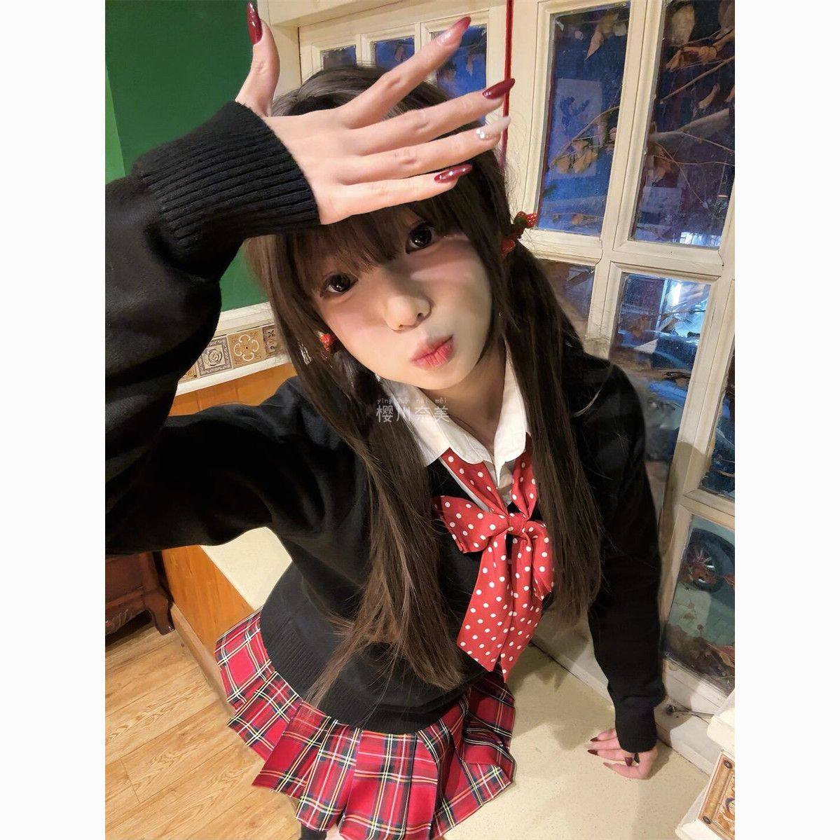 日系制服针织衫学院风小辣椒格裙