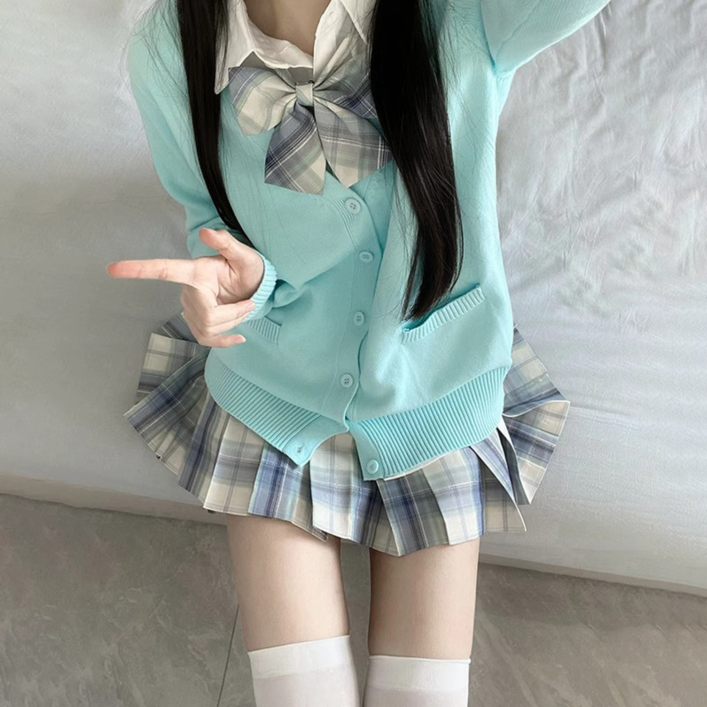 水蓝色jk制服针织开衫原创学院风长袖百搭毛衣秋季小个子女生外套