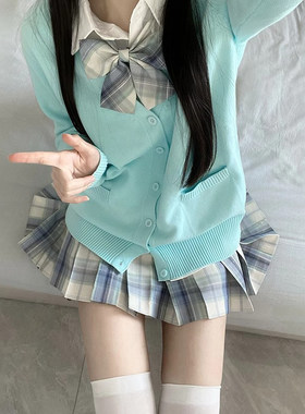 水蓝色jk制服针织开衫原创学院风长袖百搭毛衣秋季小个子女生外套