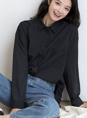 2025秋季新款复古港风黑色衬衫女宽松bf长袖衬衣休闲学生薄外套潮