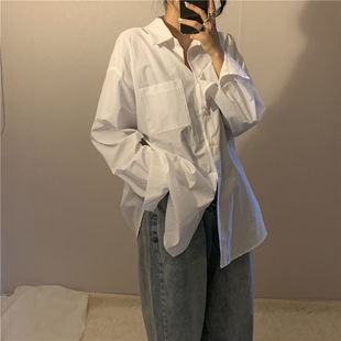 白色衬衫女秋季新款韩版学生宽松长袖衬衣港风复古设计感百搭上衣