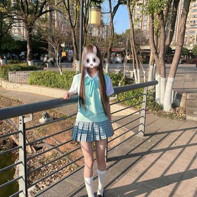 松蓝JK制服薄荷针织背心格裙套装