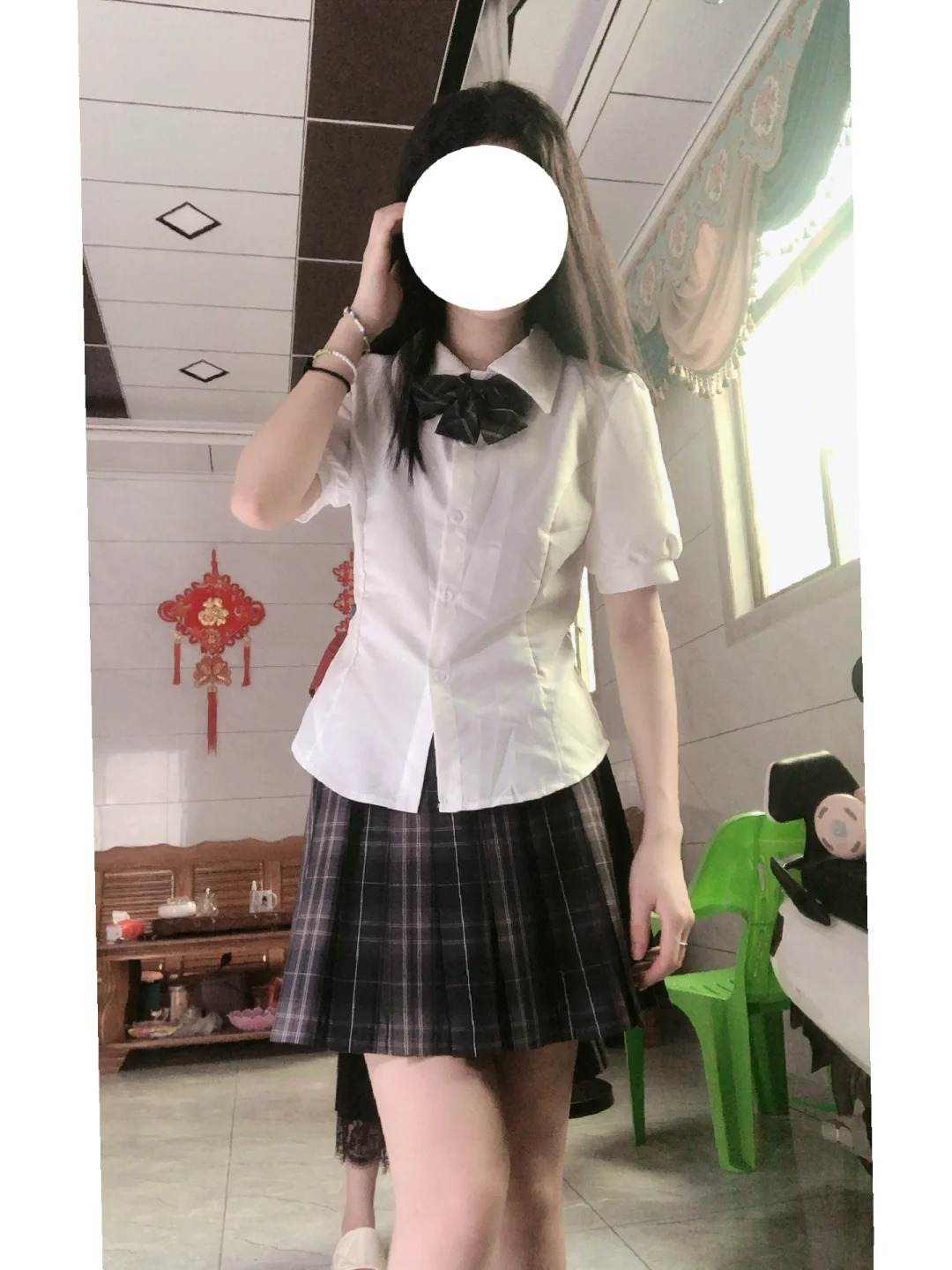 短袖衬衫高腰系带蓬蓬短裙