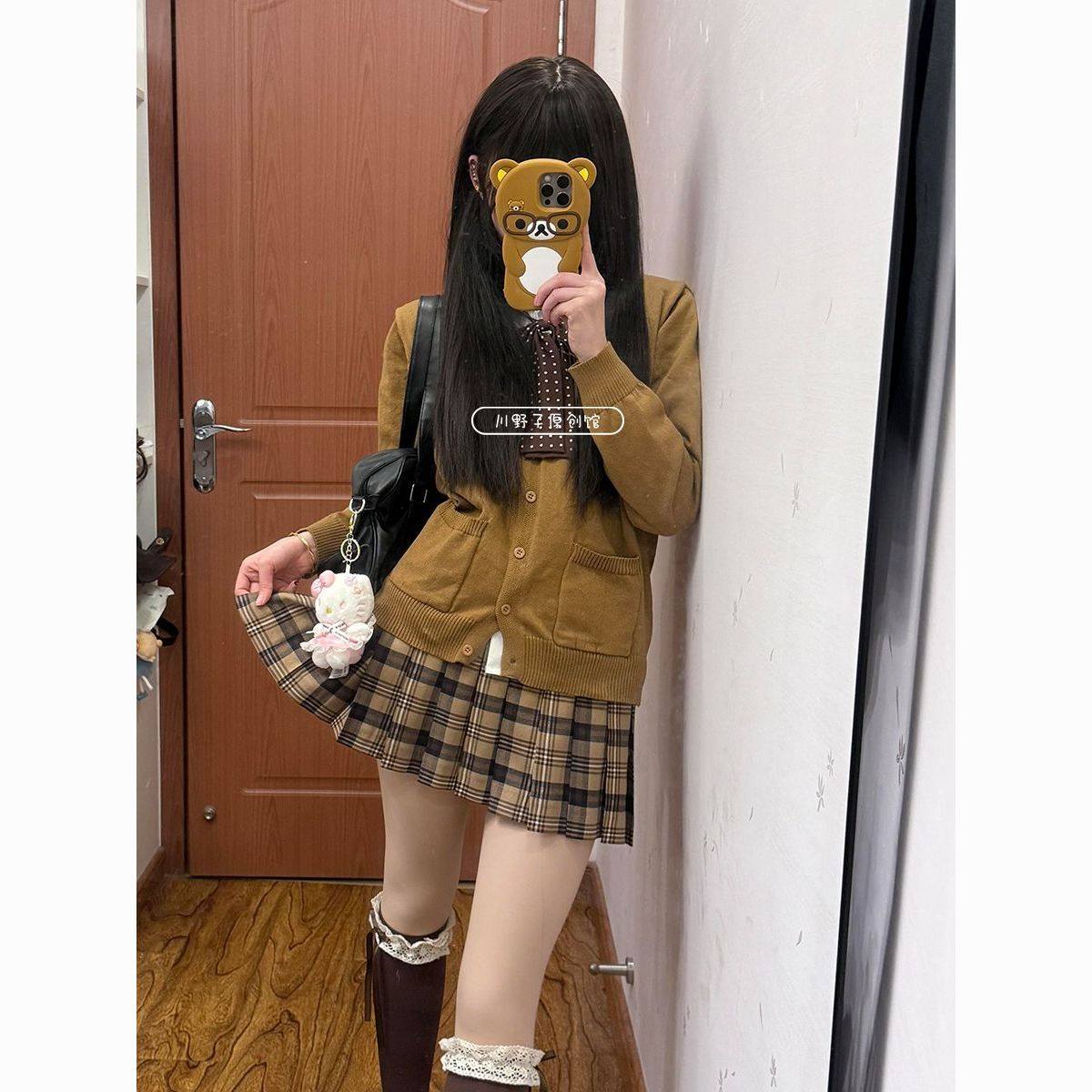 学院风制服开衫基础衬衫格裙套装