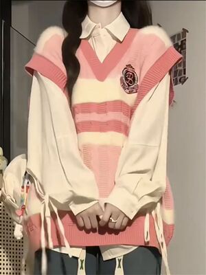 拼色毛衣背心针织马甲+杏色衬衫