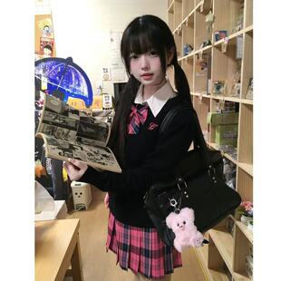 学院风原创jk制服黑色套头毛衣长袖秋冬女校供感原创妃玫红色格裙