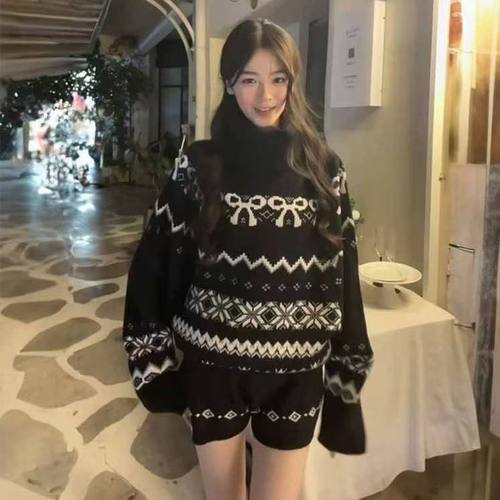 费尔岛高领毛衣高腰针织短裤套装