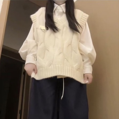 早秋学院风针织衫背心显瘦马甲搭配甜美百搭白色长袖衬衫两件套装