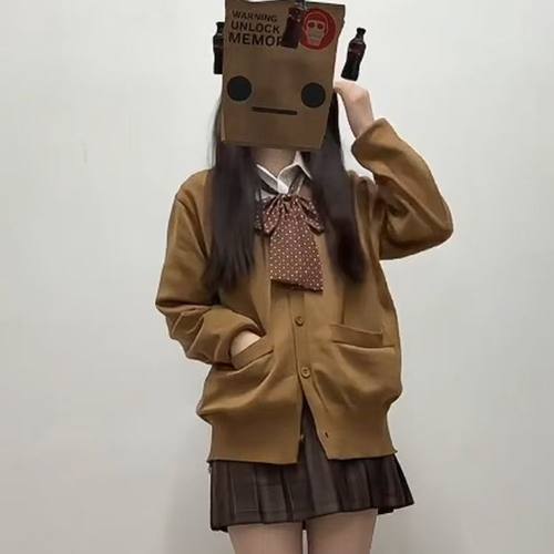 日系长袖衬衫开衫校供焦糖裙套装