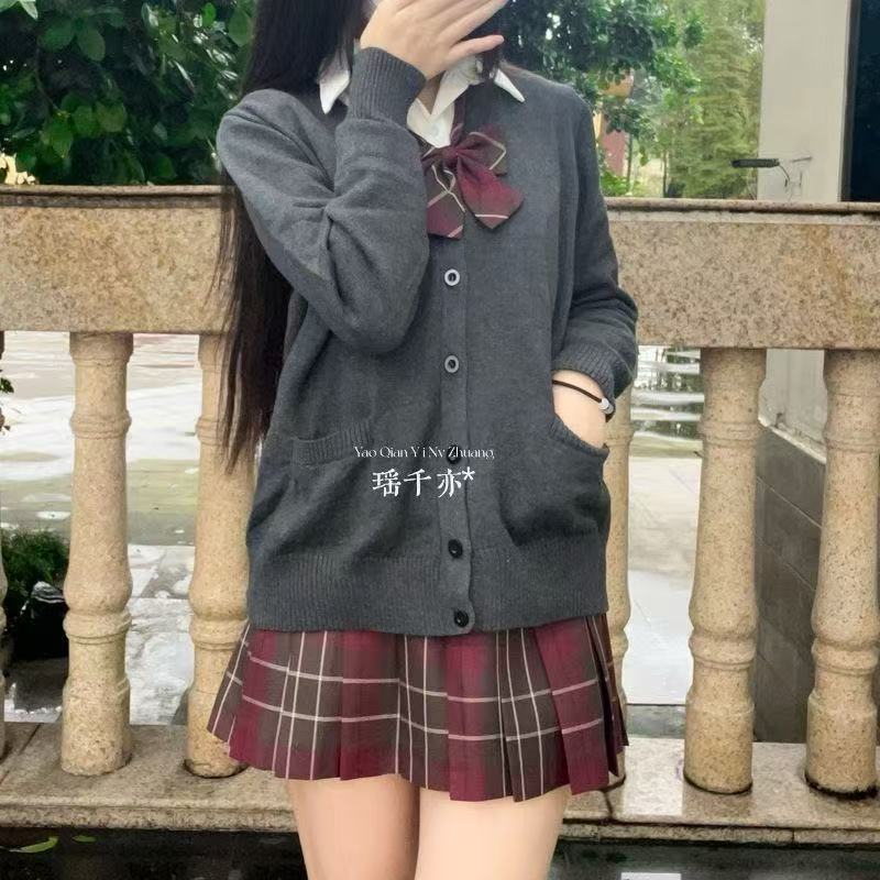大红裙/秋冬季正版JK制服开衫毛衣叠穿白色衬衫搭配百褶裙穿搭女